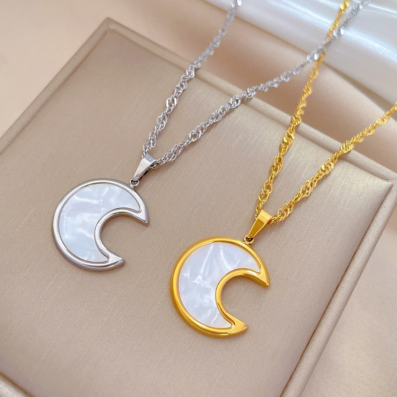 Minimalist Titanium Steel Geometric Moon and Shell Pendant Necklace for Women Gold-Plated Clavicle Chain