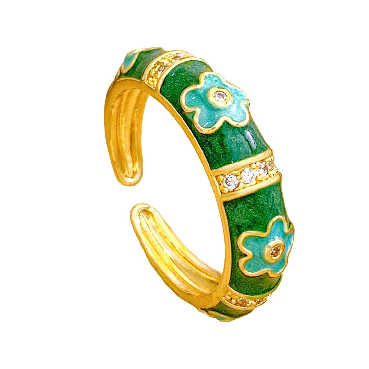 Sweet Floral Enamel Drip Oil Brass Ring with Cubic Zirconia Inlay 18K Gold Plated Adjustable for Women