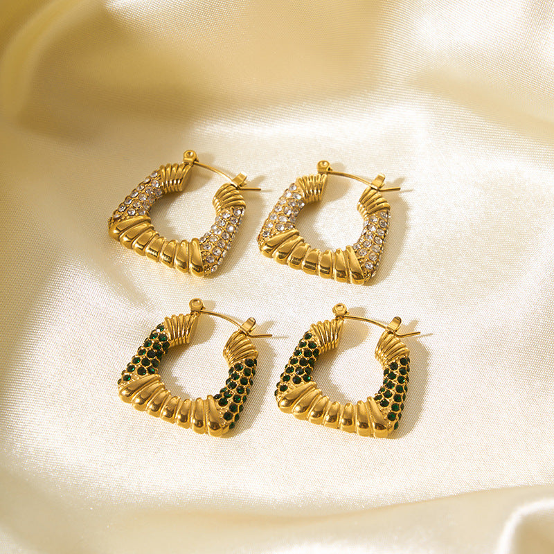 Vintage-Style Geometric Trapezoid Stainless Steel Earrings with 18K Gold Plating and Zircon Inlay