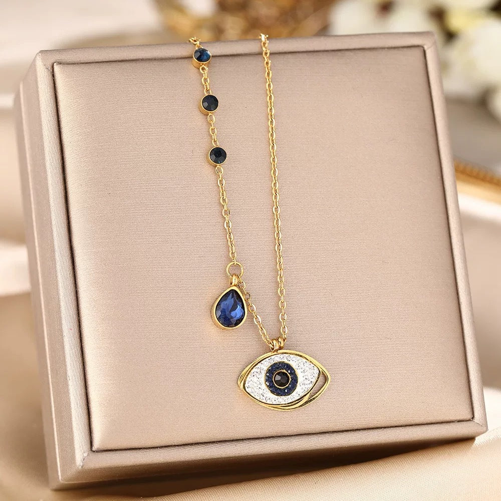 Gold Plated Crystal Evil Eye Titanium Steel Necklace for Women