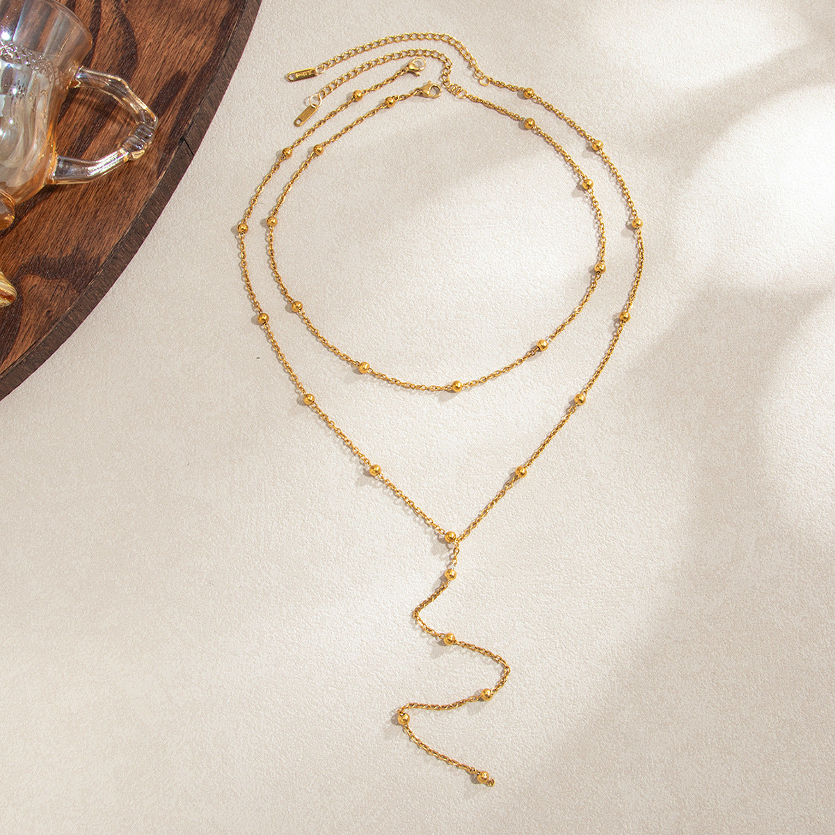 Minimalist 18K Gold Plated Stainless Steel Geometric Round Bead Tassel Y-Shape Necklace for Women