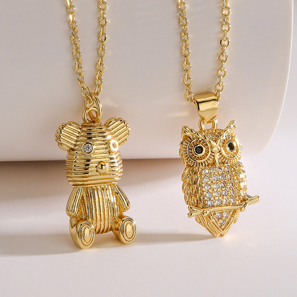 Owl and Bear Pendant Necklace for Women in Copper with 18K Gold Plating and Zircon Inlay, Geometric Shape, Minimalist Luxury Locket Chain