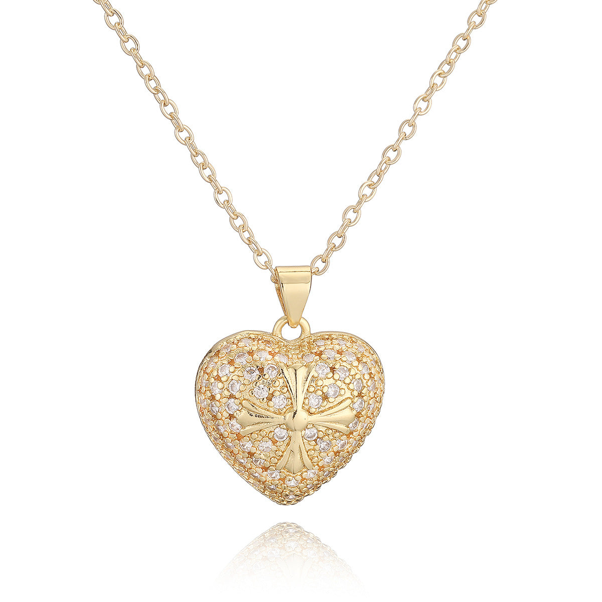 Minimalist 18K Gold Plated Brass Drip Oil Cross Heart Pendant Necklace with Cubic Zirconia