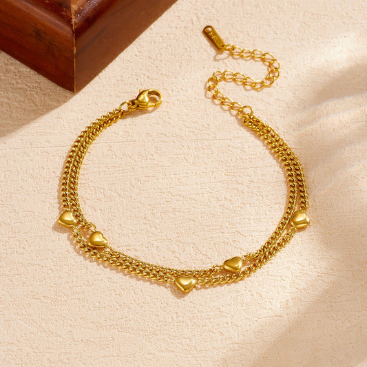Gold Plated Stainless Steel Heart Double Layer Bracelet for Women