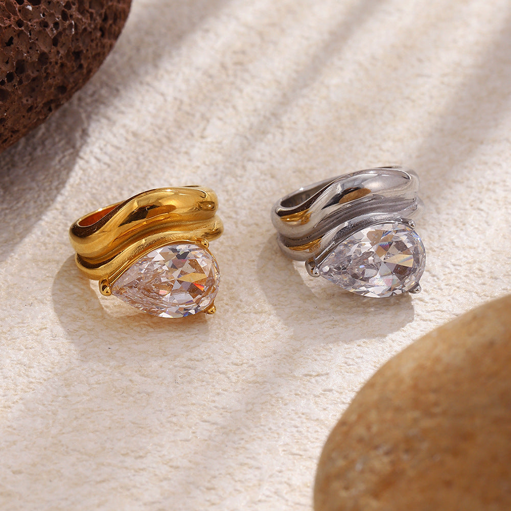 Minimalist Elegant 18K Gold Plated Stainless Steel Double Layer Teardrop Geometric Cubic Zirconia Ring for Women