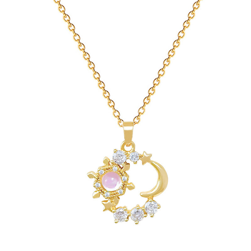 Sweet Minimalist Moon Star Geometric Rhinestone Titanium Steel Necklace for Unisex