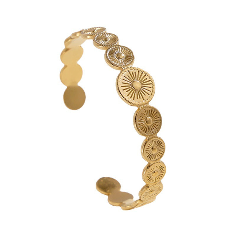 Pulsera rígida abierta geométrica vintage para mujer de acero de titanio con acabado chapado