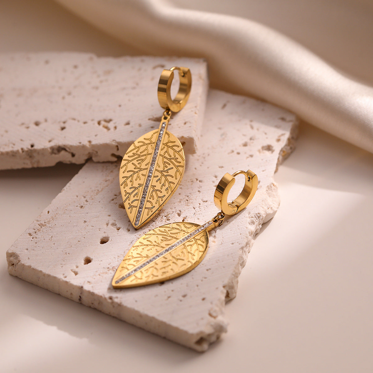 Minimalist Leaf-Shaped Titanium Steel Earrings for Women with Real Gold Plating