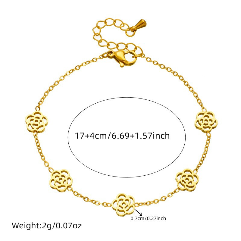 Elegante conjunto de collar, pendientes y pulsera chapados en acero inoxidable con diseño floral de rosa para la oficina
