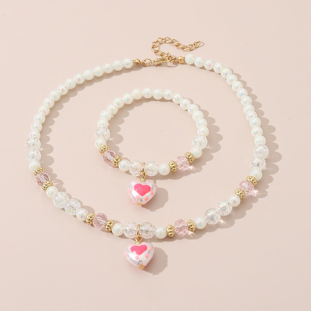 Cute Heart-Shaped Resin and Alloy Pendant Necklace for Girls, Minimalist Pearl-Inspired Fashion Necklace Set with Round Bead Chain