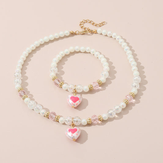 Cute Heart-Shaped Resin and Alloy Pendant Necklace for Girls, Minimalist Pearl-Inspired Fashion Necklace Set with Round Bead Chain