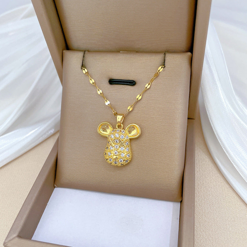 Collar con Colgante Minimalista Geométrico de Cabeza de Ratón de Acero Titanio con Incrustaciones Completas de Diamantes de Imitación para Mujeres y Hombres