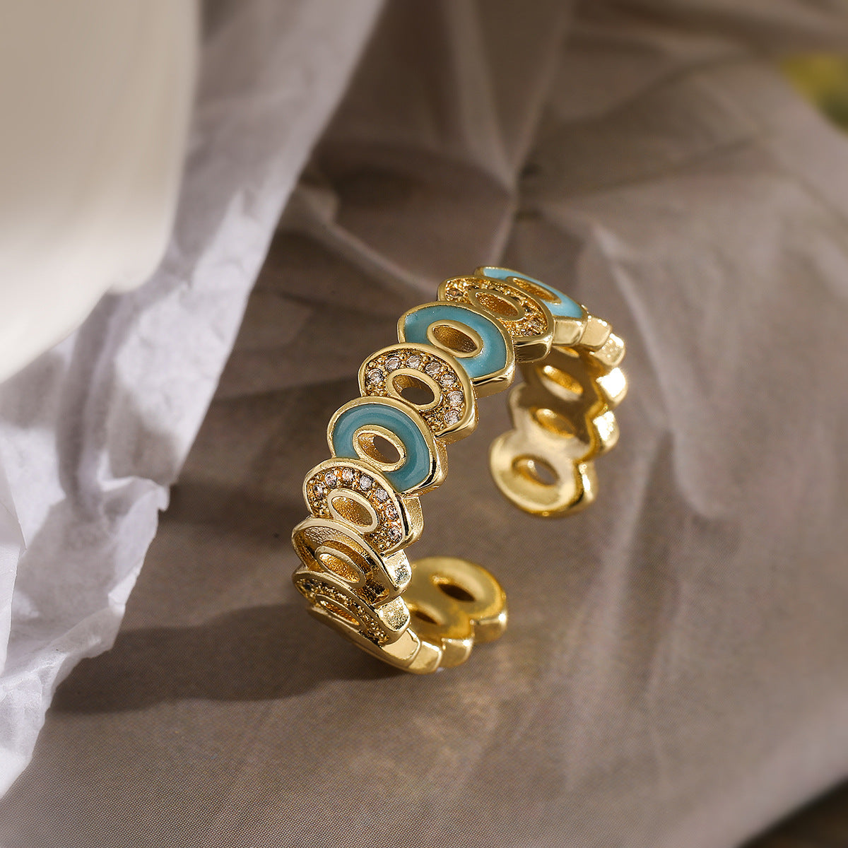 Bohemian Style Geometric Open Ring for Women Made of Copper with Real Gold Plating and Zircon Inlay with Enamel Finish