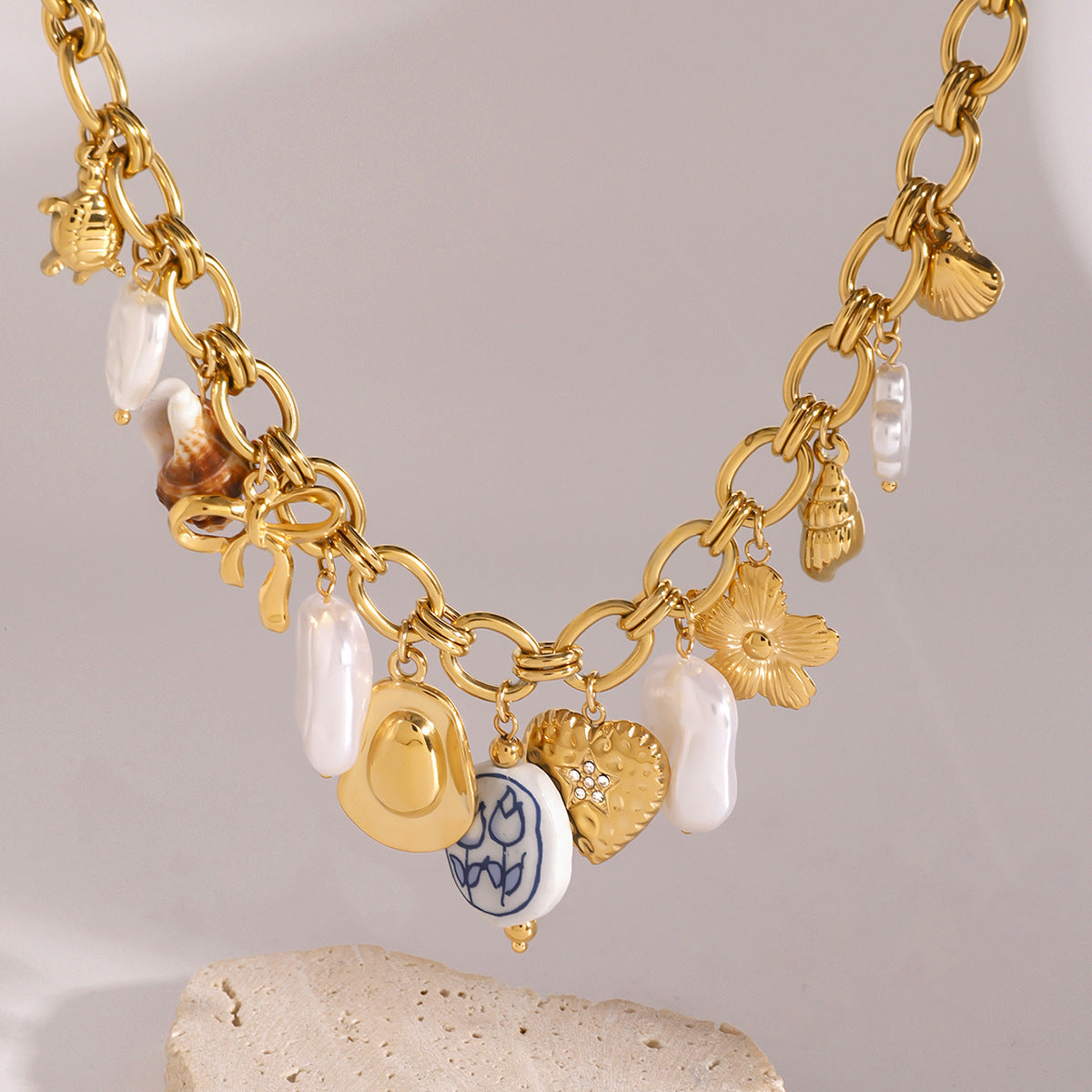Elegant Butterfly and Heart Pendant Necklace in Stainless Steel with Mother-of-Pearl Inlay, Plated Finish, Delicate Clavicle Chain for Women