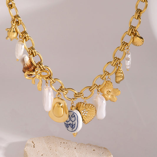 Elegant Butterfly and Heart Pendant Necklace in Stainless Steel with Mother-of-Pearl Inlay, Plated Finish, Delicate Clavicle Chain for Women