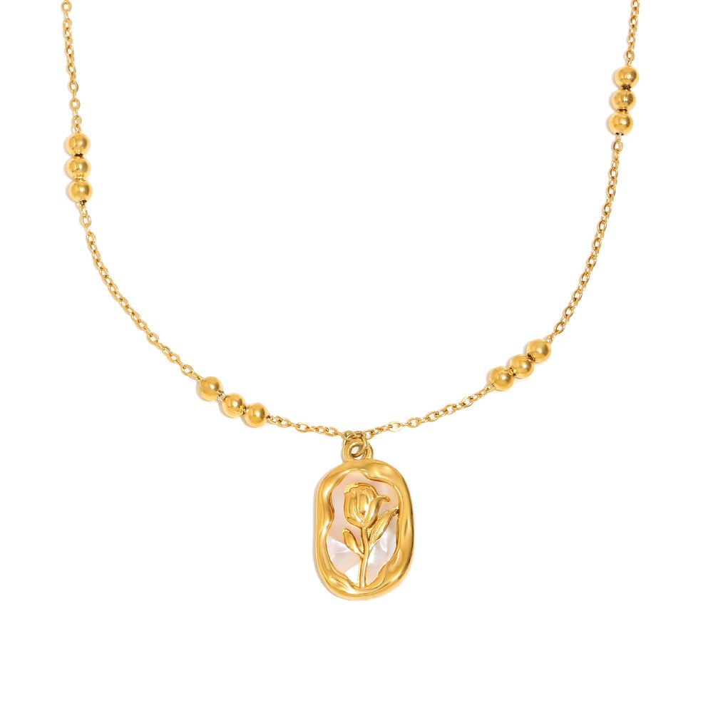 Collana con Ciondolo Sole Floreale alla Moda, Placcata Oro 18K, in Acciaio Inossidabile, con Catena di Perle Quadrate, da Donna