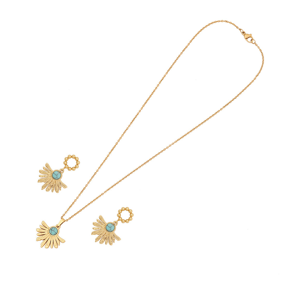 Vintage Geometric Irregular Pendant Necklace Set with Turquoise Accents Stainless Steel Heart Charm and O-Chain