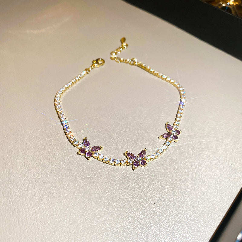 Luxury Floral Bracelet with Zircon Inlay for Women, Elegant Fashion Hand Chain with Butterfly Motif