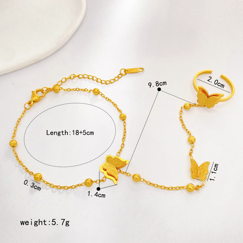 Matte Gold Plated Titanium Steel Butterfly Bead Hand Chain Ring