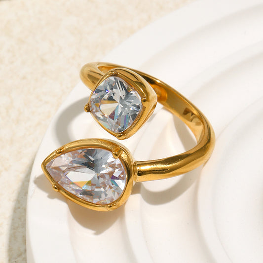 Minimalist Geometric Stainless Steel Ring with 18K Gold Plating and Zircon Accents for Women