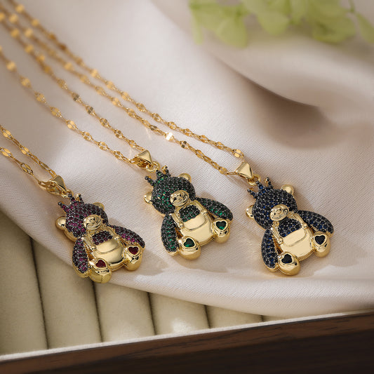 Collana minimalista da donna a forma di orsetto, in rame placcato oro con intarsio di zirconi