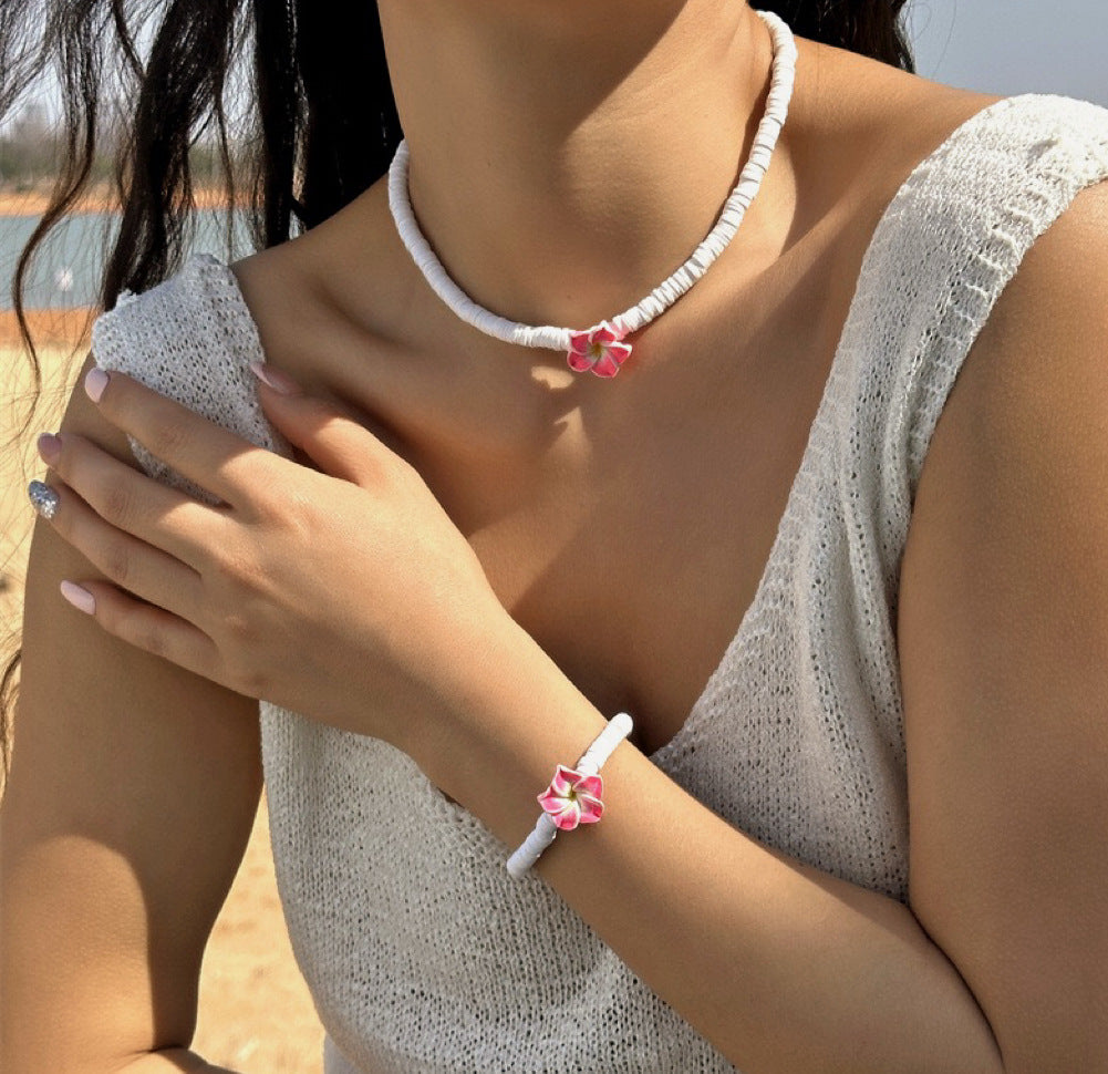 Elegante collar y pulsera de resina floral bohemia con cadena de cable para mujer