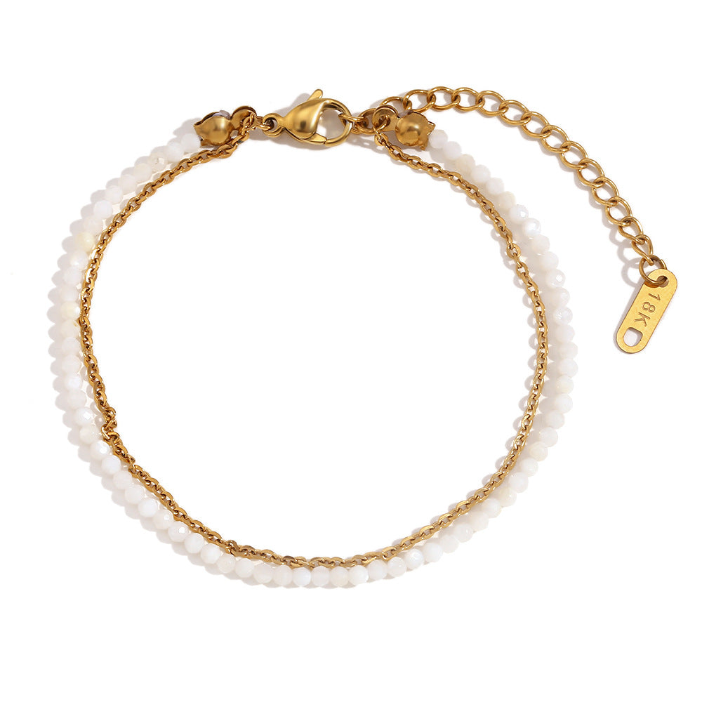 Fashionable Geometric Stainless Steel Plated 18K Gold Double Layer O-Chain Bracelet with Natural Green Australian Opal Beads for Women
