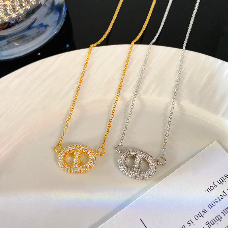 Streetwear Micro-Paved Cubic Zirconia Geometric Letter Titanium Steel Necklace for Unisex