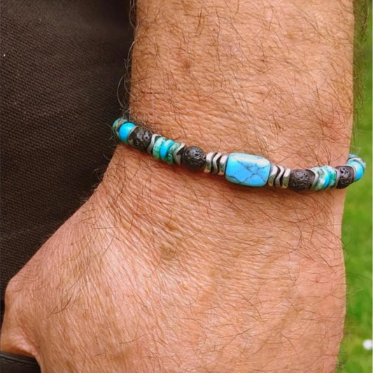 Geometric Round Turquoise Lapis Lazuli Agate Beaded Bracelet Unisex