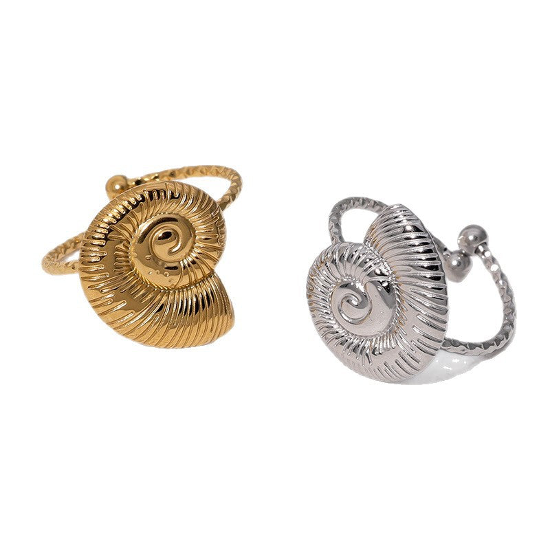 Anello da donna in acciaio al titanio placcato oro 18 carati con design geometrico minimalista a conchiglia