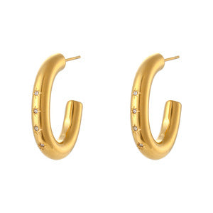 Fashion Minimalist Geometric C-Shaped Zirconia-Set Stainless Steel Earrings with 18K Gold Plating for Women