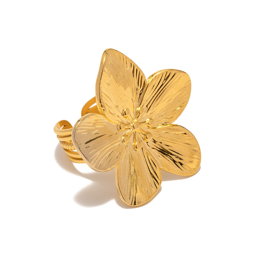Anello Aperto Floreale Geometico in Acciaio Inossidabile Oro Opaco Stile Palazzo Francese Vintage