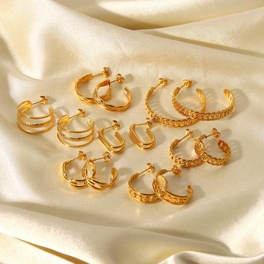 Orecchini a Cerchio da Donna a Catena a Forma di C Geometrica in Acciaio Inossidabile Placcato Oro 18K di Tendenza