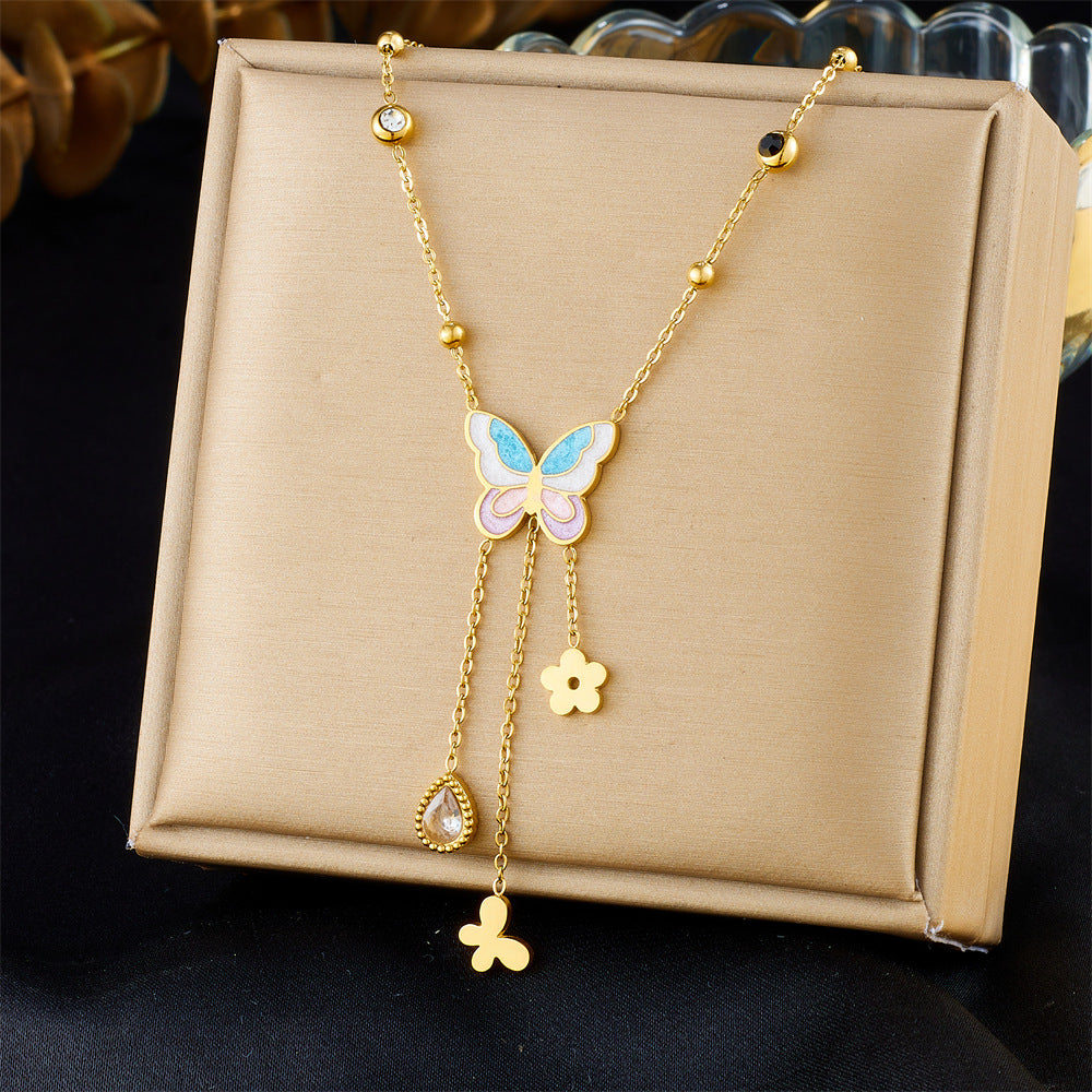 Fashionable Butterfly-Shaped Enamel Pendant Necklace with Stainless Steel Chain and Fringe Detail for Women