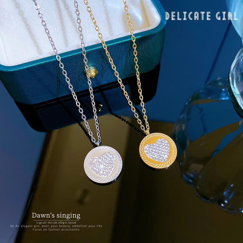Minimalist Geometric Heart Pendant Necklace Set in Titanium Steel with Rhinestone Inlay and Gold Plating for Women