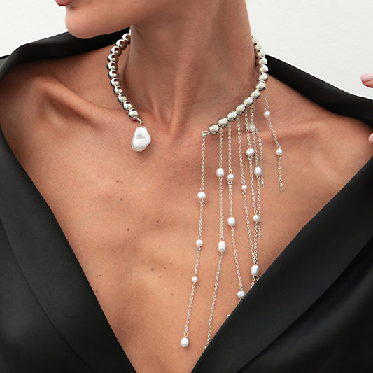Collar Minimalista de Cruz para Mujer con Acentos de Perlas de Imitación y Borlas de Cristal en Cadena de Aleación Galvanizada