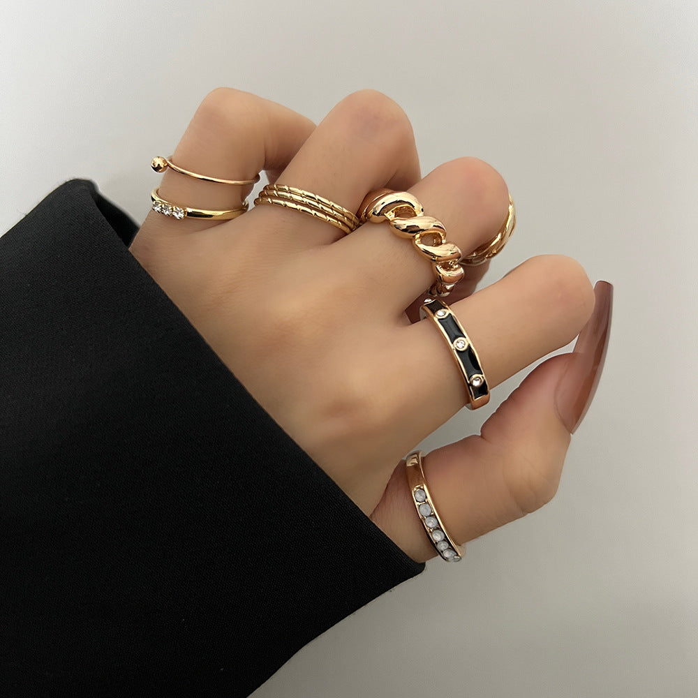 Vintage Bohemian Geometric Round Drip Oil Plated Alloy Ring Set with Rhinestone Crystal Gemstone Inlay for Women and Men