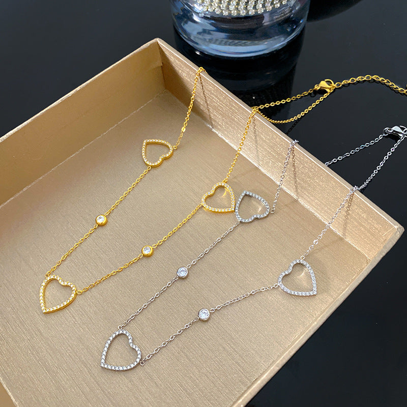 Minimalist Gold Plated Hollow Heart Rhinestone Titanium Steel Necklace for Unisex