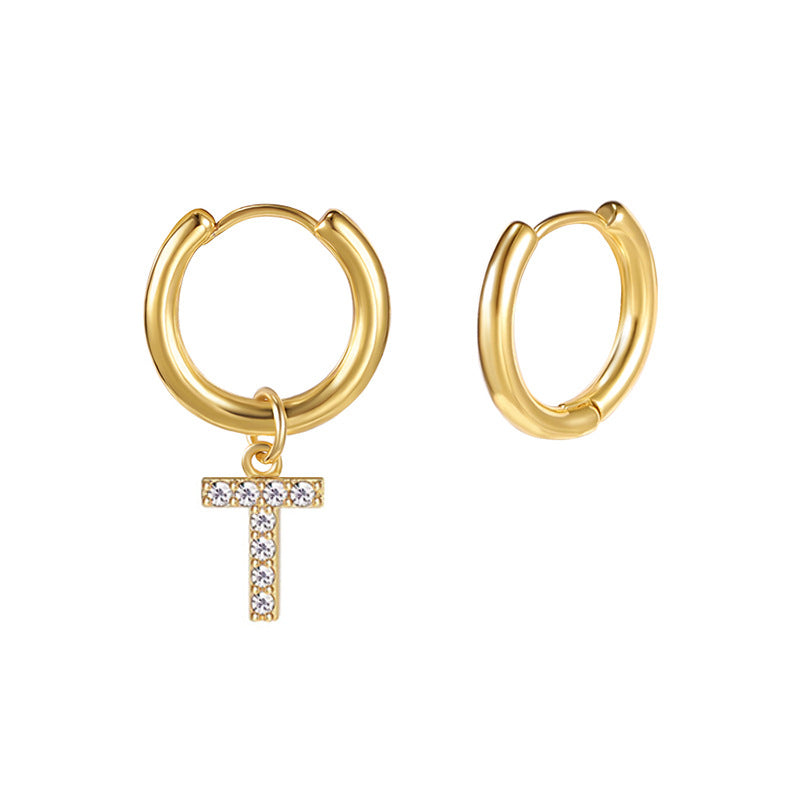 Minimalist Letter-Shaped Stainless Steel Pendant Earrings with 18K Gold Plating and Zircon Inlay