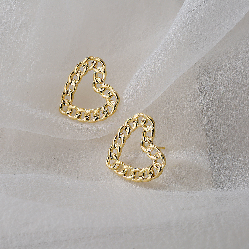 Vintage Heart-Shaped Hollow-Out Earrings in Copper with 18K Gold Plating and 925 Sterling Silver Posts