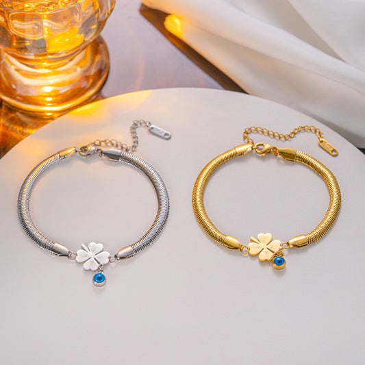 Fashion OL 18K Gold Plated Titanium Steel Snake Chain Heart Blue Eye Bracelet for Women