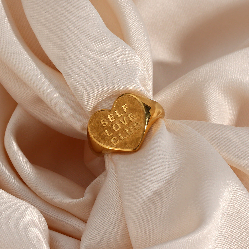 Fashionable Heart-Shaped Stainless Steel Ring with Gold Plating for Women Featuring SELFLOVECLUB Letter Design