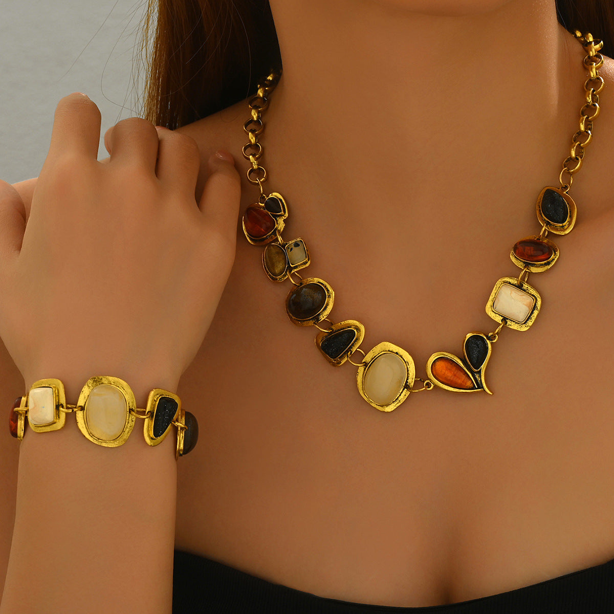 Luxury Geometric Shape Alloy Necklace and Bracelet Set with Gemstone Inlay for Women
