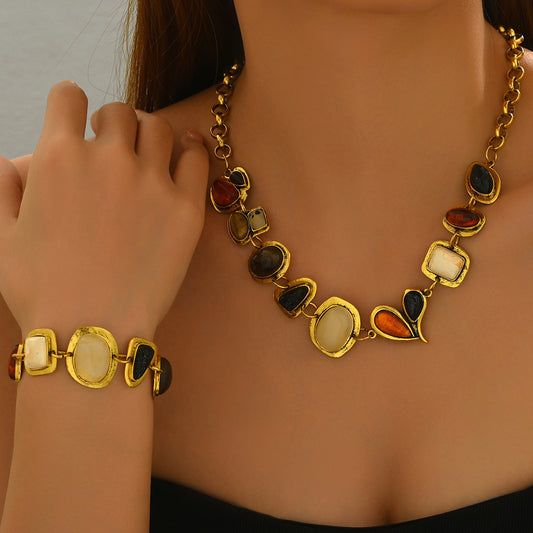 Luxury Geometric Shape Alloy Necklace and Bracelet Set with Gemstone Inlay for Women