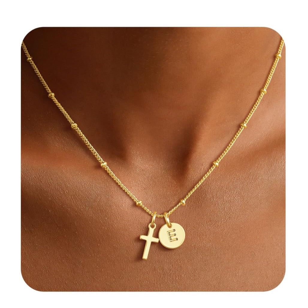Luxury Elegant Stainless Steel Plated Cross Letter Pendant Necklace Ball Chain Women's Jewelry