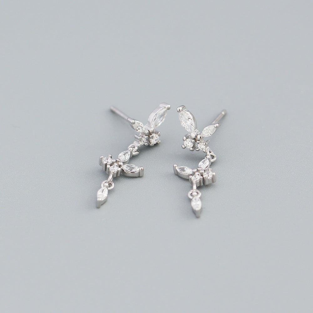 Minimalist Butterfly-Shaped S925 Sterling Silver Stud Earrings with Rhinestone Inlay and Dangling Fringe
