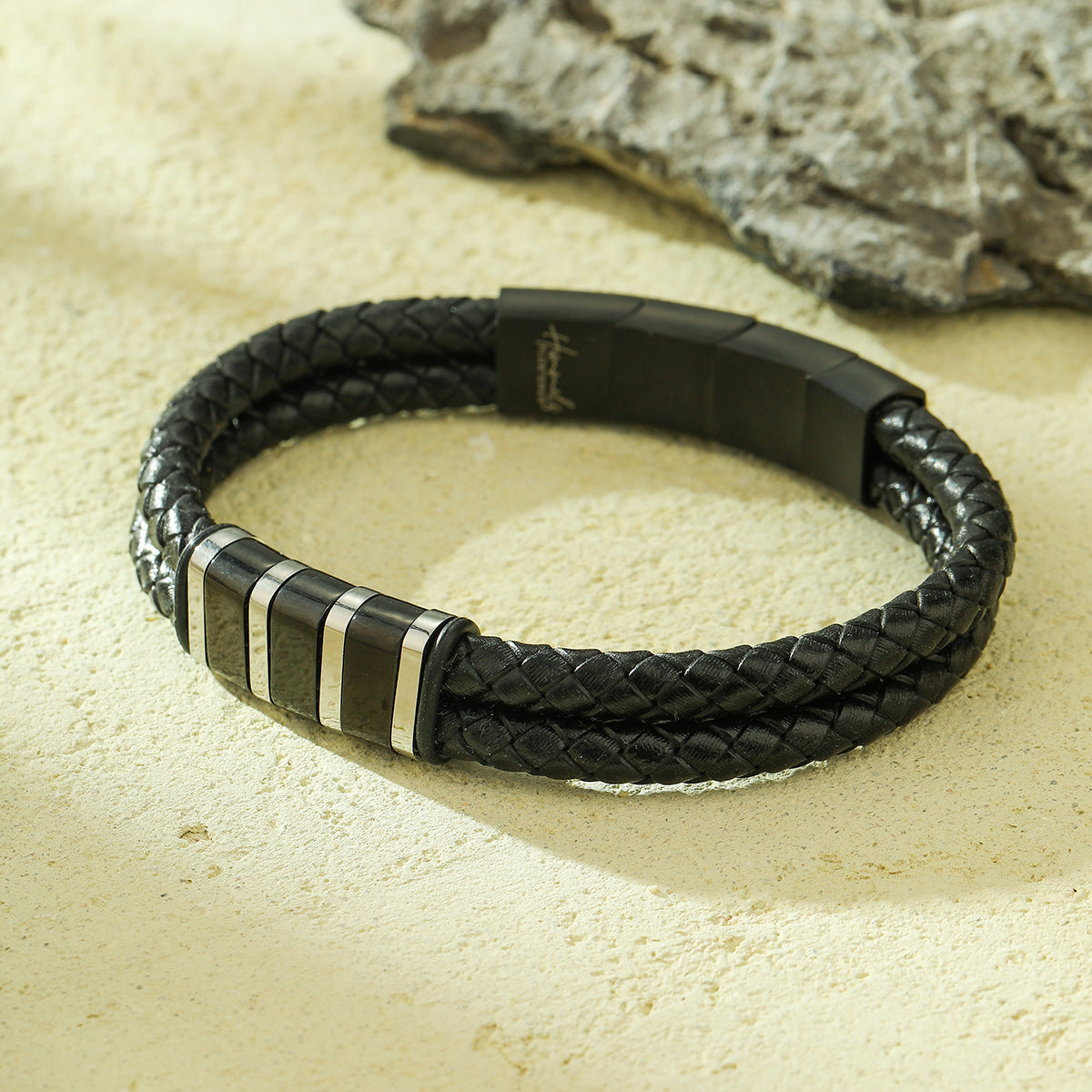 Vintage-Style Braided Leather Bracelet for Women with Stainless Steel Accents and Plated Finish