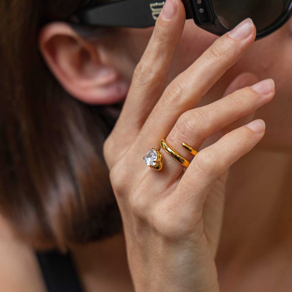 Luxury Elegant PVD Plated Stainless Steel Snake Shape Ring with Cubic Zirconia Inlay for Women
