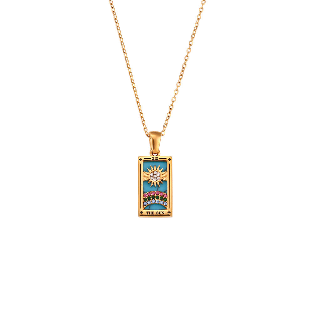 Fashionable Vintage Rectangular Titanium Steel Pendant Necklace with Enamel Finish and Zircon Inlay for Women