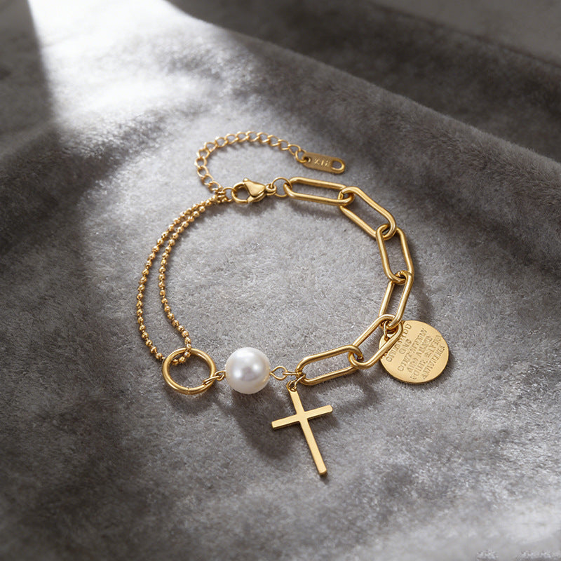 Vintage Minimalist 18K Gold Plated Stainless Steel Cross Pearl Paperclip Bracelet